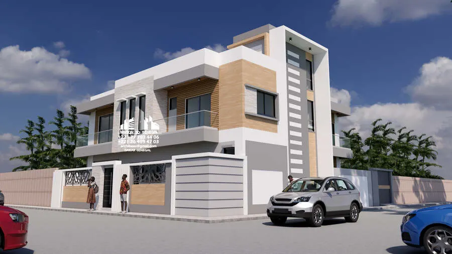 Rendu 3D d'une villa R+1 à tour d'angle, façade bois et pierre
